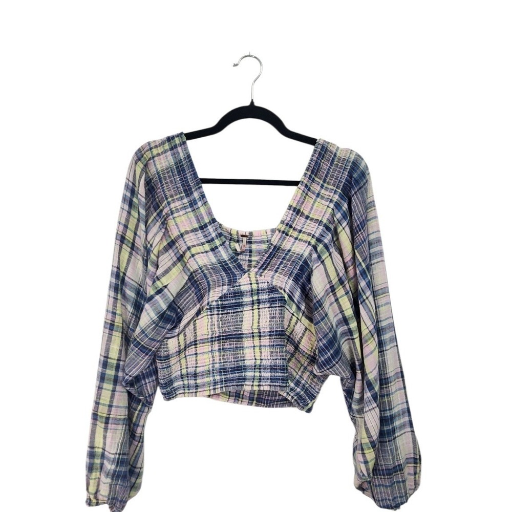 Free People Plaid Smocked Crop Top‎ Womens Size M Blue Pink Yellow Excellent